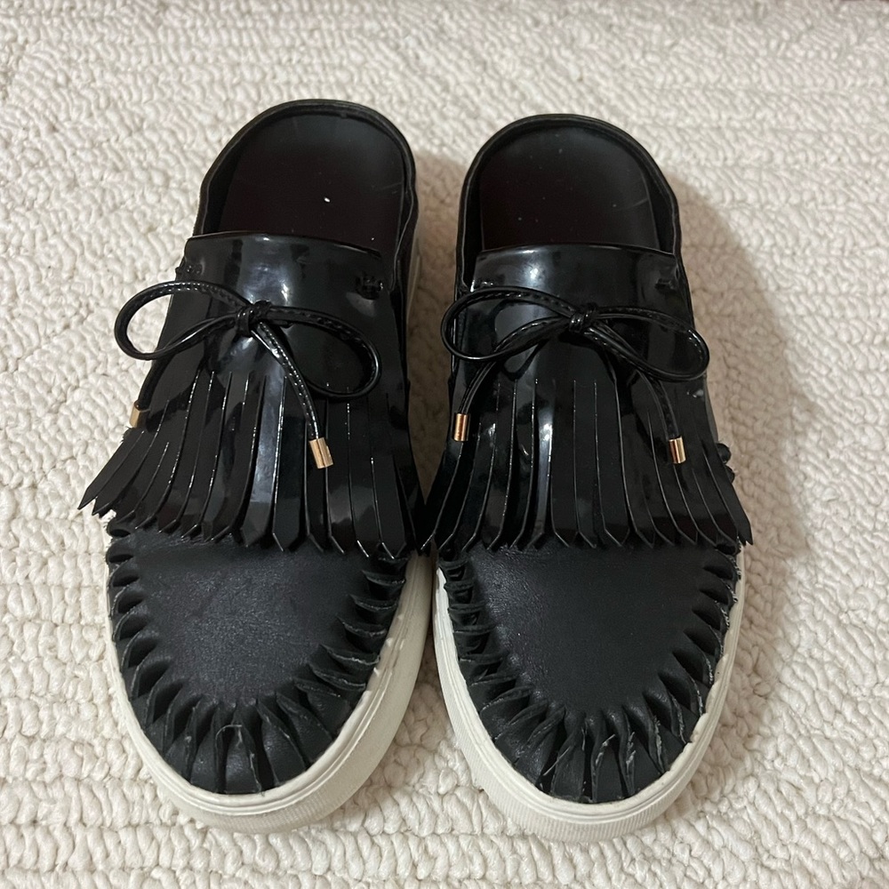 J/Slides Black Leather Amora Fringe Mules 8.5